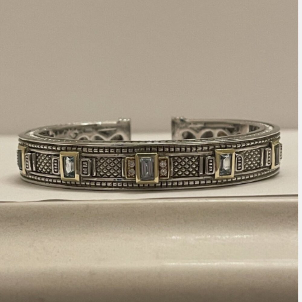 Judith Ripka JR2 Sterling Silver 925/18K Blue Topaz Diamond Cuff Bracelet 68.4g